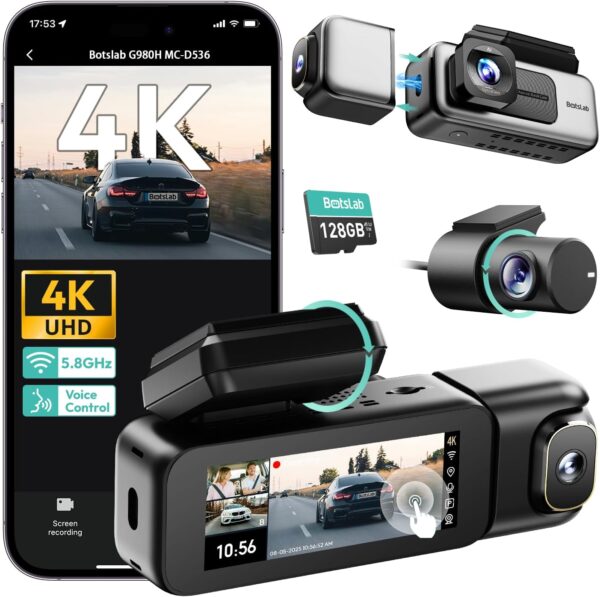 Botslab G980H Pro 3-Channel Dash Cam 4K Front, 1080P Cabin and Rear, 360° Full Coverage Dashcam with AI Sentry Mode, Infrared Night Vision, ADAS, 24/7 Parking Surveillance, 5.8GHz WiFi, Built-in GPS, 3.18" Touch Screen