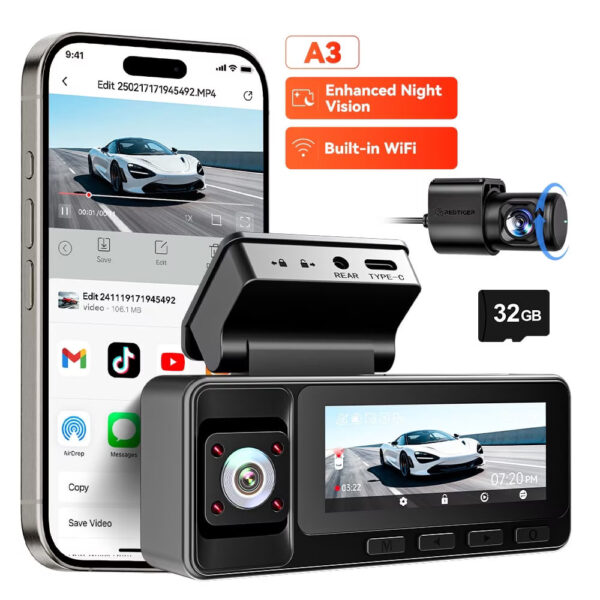Redtiger A3 3 Channel Dash Cam Front and Rear Inside, 2.5K + 1080P + 1080P Dash Camera for Cars with WiFi, IR Night View, 3.18" Screen, Parking Mode, Loop Recording